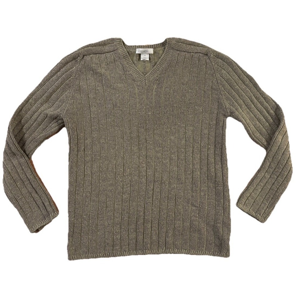 Zegna Sport Italy Wool Blend Ribbed V-Neck Sweater Heathered Olive Men's M